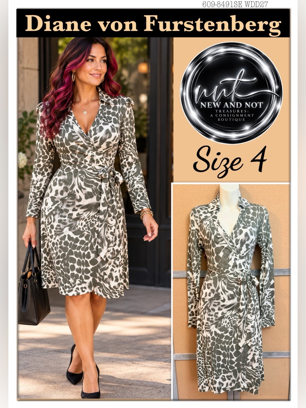 Rare DVF Diane von Furstenberg New Jeanne Two 100% Silk Jersey Wrap Dress Size 4